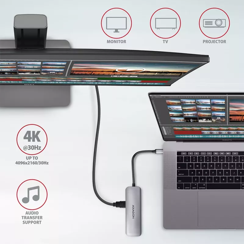 Axagon HMC-5 USB 3.2 Gen 1 hub, 2x USB-A, HDMI, SD/microSD, PD 100W, 20cm USB-C laidas