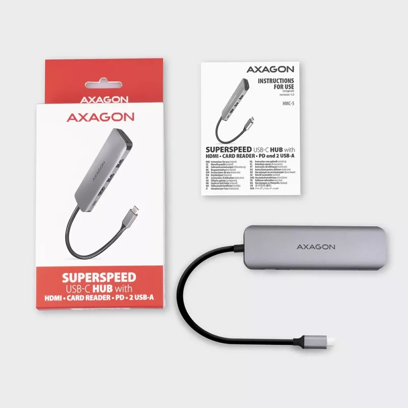 Axagon HMC-5 USB 3.2 Gen 1 hub, 2x USB-A, HDMI, SD/microSD, PD 100W, 20cm USB-C laidas