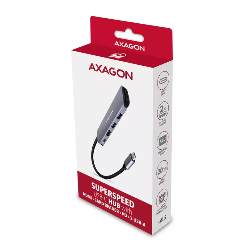 Axagon HMC-5 USB 3.2 Gen 1 hub, 2x USB-A, HDMI, SD/microSD, PD 100W, 20cm USB-C laidas