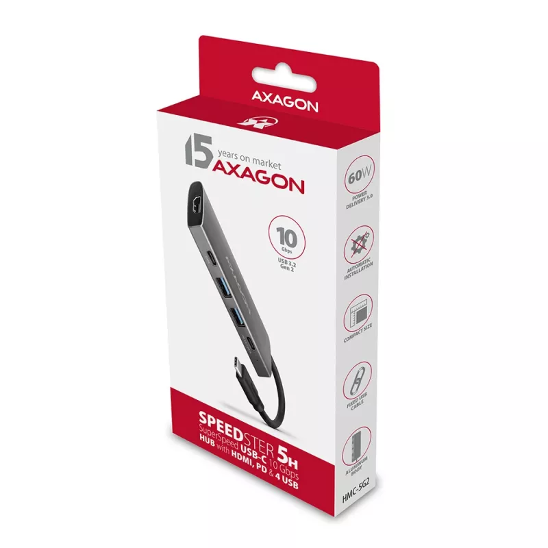 Axagon HMC-5G2 USB 10Gbps hub, 2x USB-A, 2x USB-C, HDMI 4k/60Hz, PD 100W, USB-C kabelis