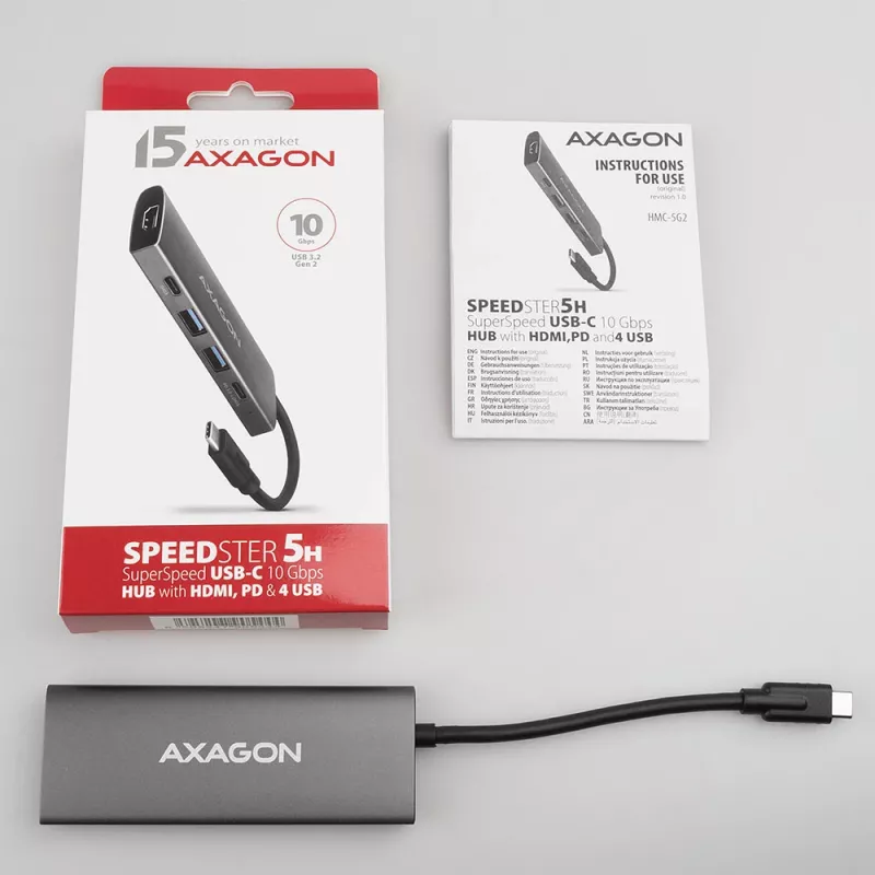 Axagon HMC-5G2 USB 10Gbps hub, 2x USB-A, 2x USB-C, HDMI 4k/60Hz, PD 100W, USB-C kabelis