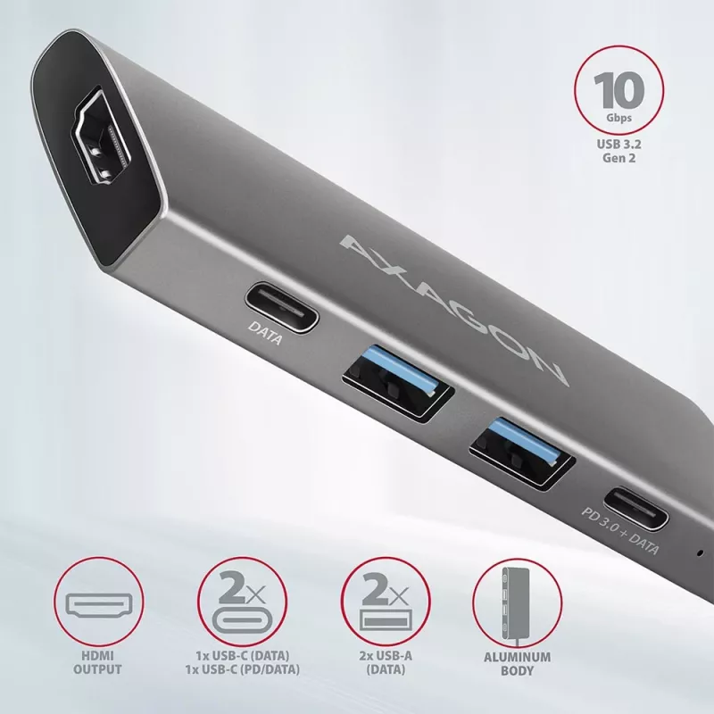 Axagon HMC-5G2 USB 10Gbps hub, 2x USB-A, 2x USB-C, HDMI 4k/60Hz, PD 100W, USB-C kabelis