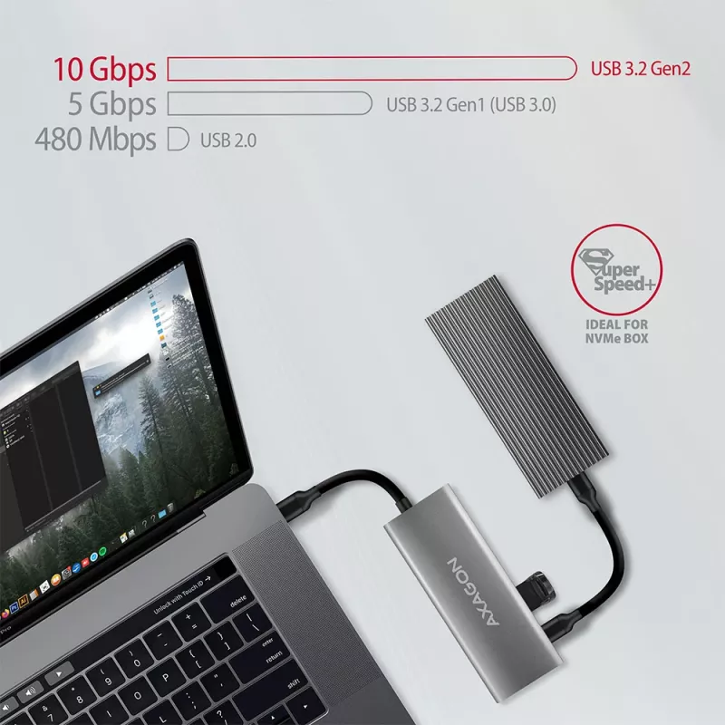 Axagon HMC-5G2 USB 10Gbps hub, 2x USB-A, 2x USB-C, HDMI 4k/60Hz, PD 100W, USB-C kabelis
