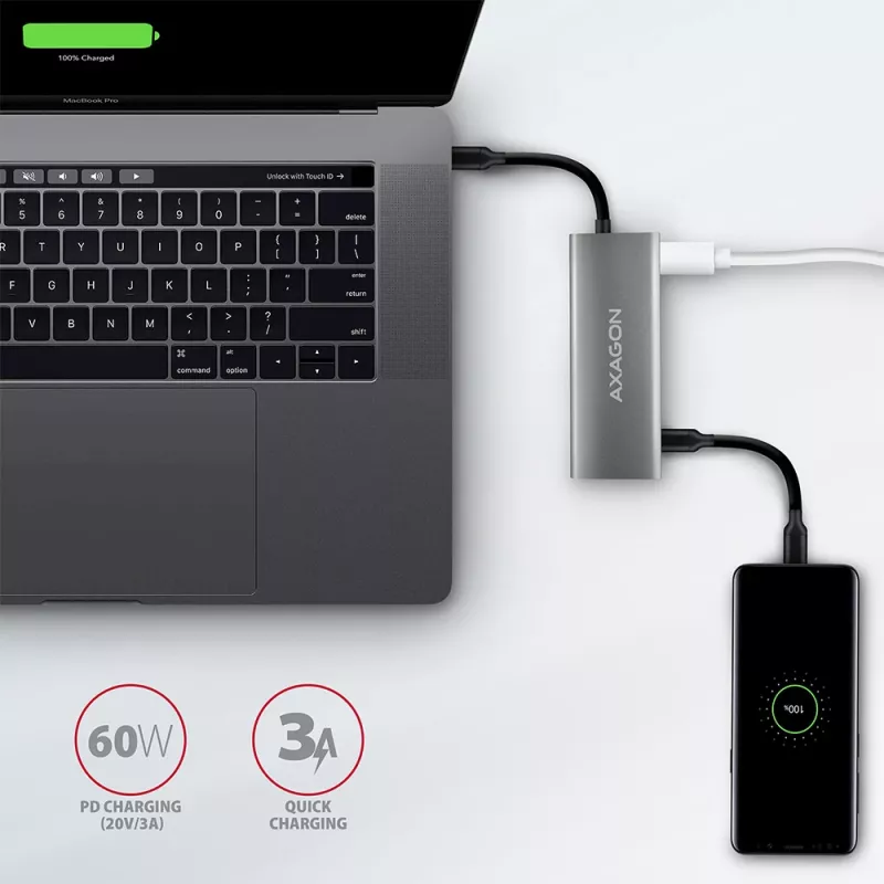 Axagon HMC-5G2 USB 10Gbps hub, 2x USB-A, 2x USB-C, HDMI 4k/60Hz, PD 100W, USB-C kabelis