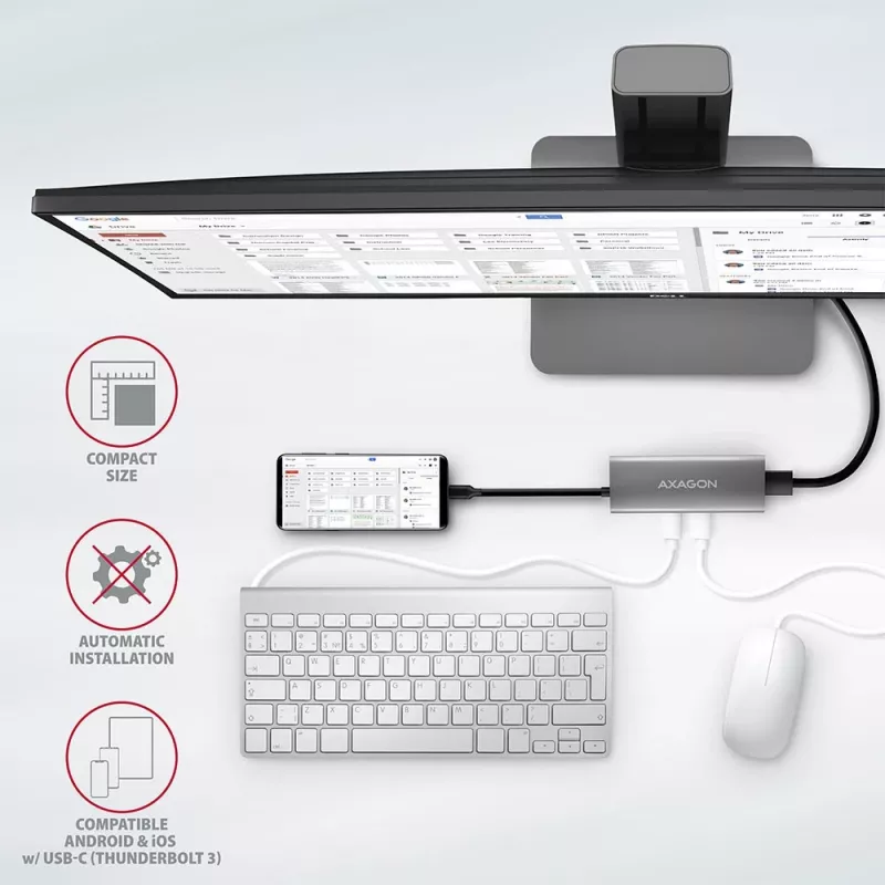 Axagon HMC-5G2 USB 10Gbps hub, 2x USB-A, 2x USB-C, HDMI 4k/60Hz, PD 100W, USB-C kabelis