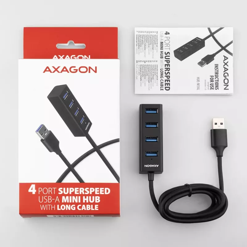 Axagon HUE-M1AL 4x USB 3.2 Gen 1 MINI centras, metalinis, 1,2 m USB-A laidas