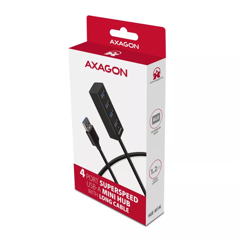Axagon HUE-M1AL 4x USB 3.2 Gen 1 MINI centras, metalinis, 1,2 m USB-A laidas