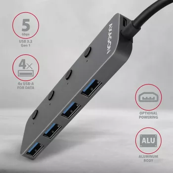 Axagon HUE-MSA SuperSpeed USB-A jungiklio šakotuvas 4x USB 3.0 aktyvus - 20 cm juodas USB 3.2 Gen 1 (3.1 Gen 1) Type-A 5000 Mbit/s pilkas