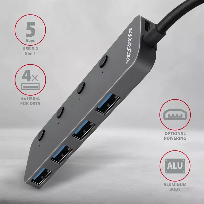 Axagon HUE-MSA SuperSpeed USB-A jungiklio šakotuvas 4x USB 3.0 aktyvus - 20 cm juodas USB 3.2 Gen 1 (3.1 Gen 1) Type-A 5000 Mbit/s pilkas