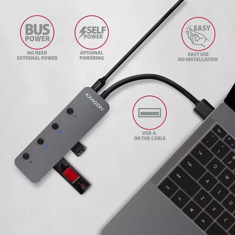 Axagon HUE-MSA SuperSpeed USB-A jungiklio šakotuvas 4x USB 3.0 aktyvus - 20 cm juodas USB 3.2 Gen 1 (3.1 Gen 1) Type-A 5000 Mbit/s pilkas