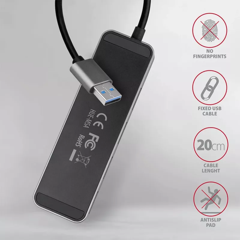 Axagon HUE-MSA SuperSpeed USB-A jungiklio šakotuvas 4x USB 3.0 aktyvus - 20 cm juodas USB 3.2 Gen 1 (3.1 Gen 1) Type-A 5000 Mbit/s pilkas