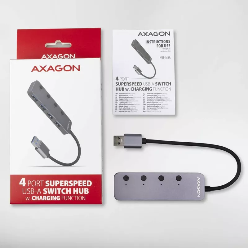 Axagon HUE-MSA SuperSpeed USB-A jungiklio šakotuvas 4x USB 3.0 aktyvus - 20 cm juodas USB 3.2 Gen 1 (3.1 Gen 1) Type-A 5000 Mbit/s pilkas