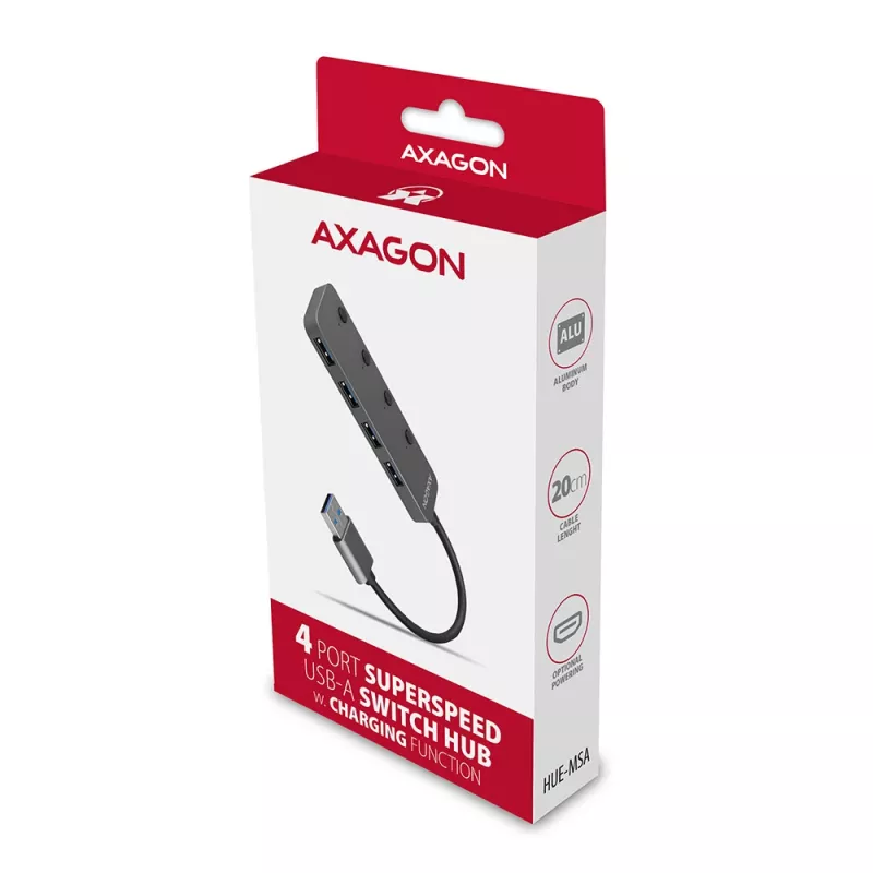 Axagon HUE-MSA SuperSpeed USB-A jungiklio šakotuvas 4x USB 3.0 aktyvus - 20 cm juodas USB 3.2 Gen 1 (3.1 Gen 1) Type-A 5000 Mbit/s pilkas