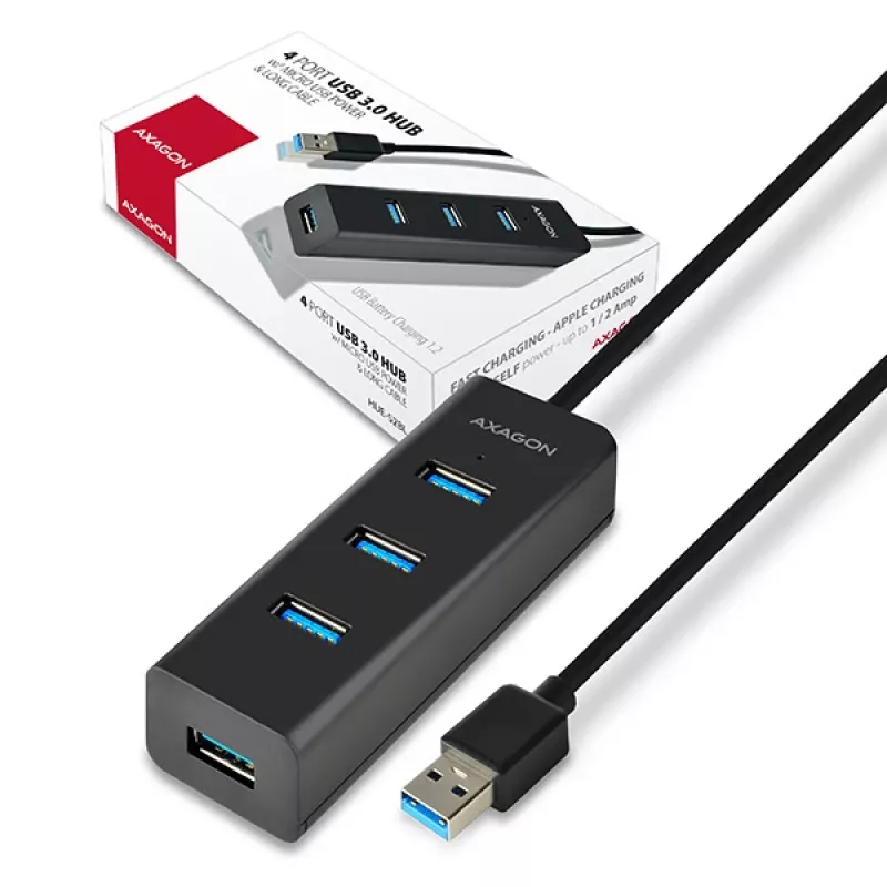 Axagon HUE-S2BL 4x USB 3.0 ĮKROVIMO šakotuvas su 1,2 m kabeliu, maitinimo mikro USB