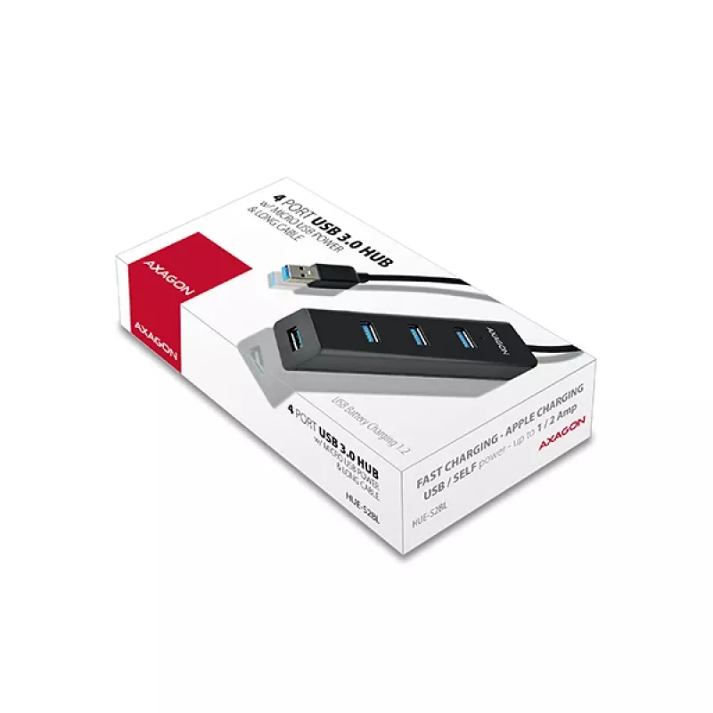 Axagon HUE-S2BL 4x USB 3.0 ĮKROVIMO šakotuvas su 1,2 m kabeliu, maitinimo mikro USB