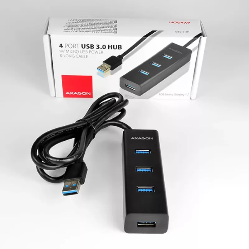 Axagon HUE-S2BL 4x USB 3.0 ĮKROVIMO šakotuvas su 1,2 m kabeliu, maitinimo mikro USB