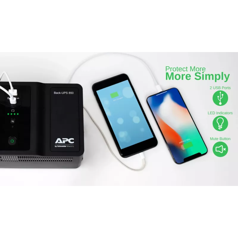 APC Back-UPS BE850G2-GR - Avarinis maitinimo šaltinis 8 lizdai, 850VA, 2 USB įkrovikliai, 1 USB duomenų prievadas
