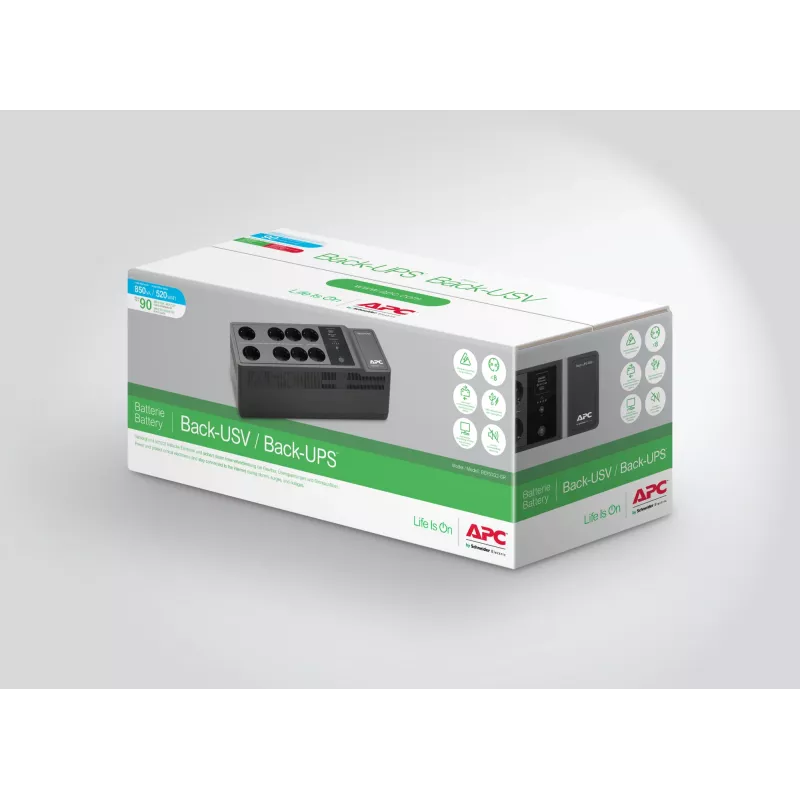 APC Back-UPS BE850G2-GR - Avarinis maitinimo šaltinis 8 lizdai, 850VA, 2 USB įkrovikliai, 1 USB duomenų prievadas