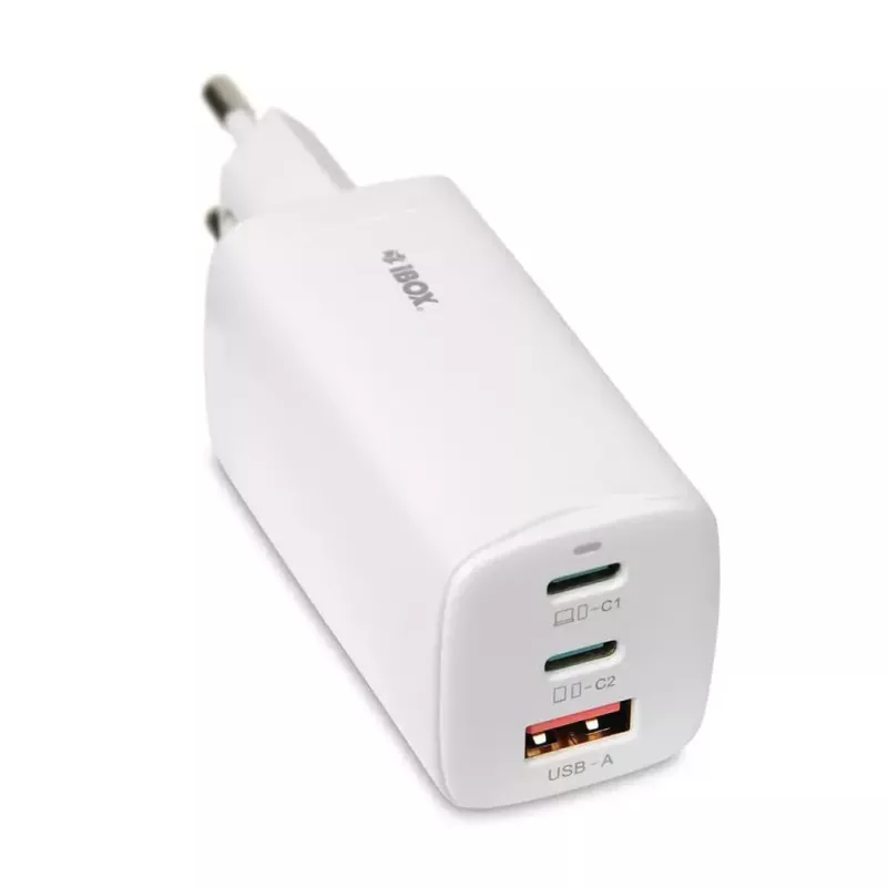 IBOX mobiliojo įrenginio įkroviklis ILUC65W, 65 W, 2x USB-C + 1x USB-A, baltas, 1,5 m kabelis