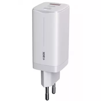 IBOX mobiliojo įrenginio įkroviklis ILUC65W, 65 W, 2x USB-C + 1x USB-A, baltas, 1,5 m kabelis