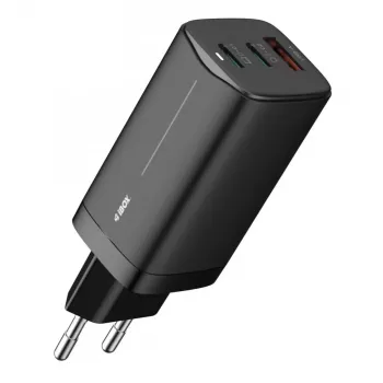 Kintamosios srovės mobiliesiems įrenginiams skirtas įkroviklis IBOX ILUC65B — 65 W, 3x USB (2x USB‑A Gen1, 1x USB‑C), juodas, 100–240 V