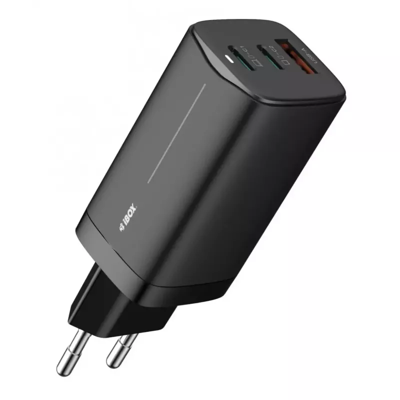 Kintamosios srovės mobiliesiems įrenginiams skirtas įkroviklis IBOX ILUC65B — 65 W, 3x USB (2x USB‑A Gen1, 1x USB‑C), juodas, 100–240 V
