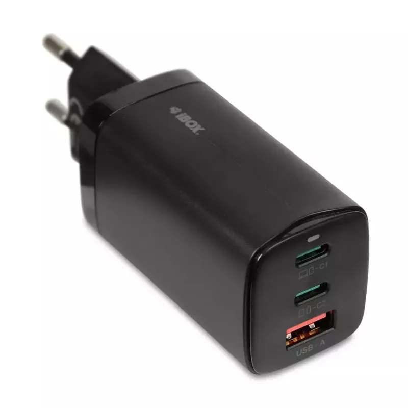Kintamosios srovės mobiliesiems įrenginiams skirtas įkroviklis IBOX ILUC65B — 65 W, 3x USB (2x USB‑A Gen1, 1x USB‑C), juodas, 100–240 V