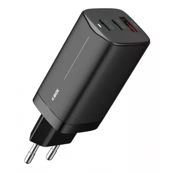 Kintamosios srovės mobiliesiems įrenginiams skirtas įkroviklis IBOX ILUC65B — 65 W, 3x USB (2x USB‑A Gen1, 1x USB‑C), juodas, 100–240 V