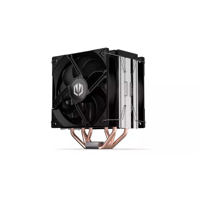 Aušintuvas ENDORFY Fera 5 Dual Fan — 2x 120 mm PWM ventiliatoriai, 4 šilumos vamzdeliai, TDP 220 W, suderinamas su LGA 2011 ir daugeliu lizdų, juodas