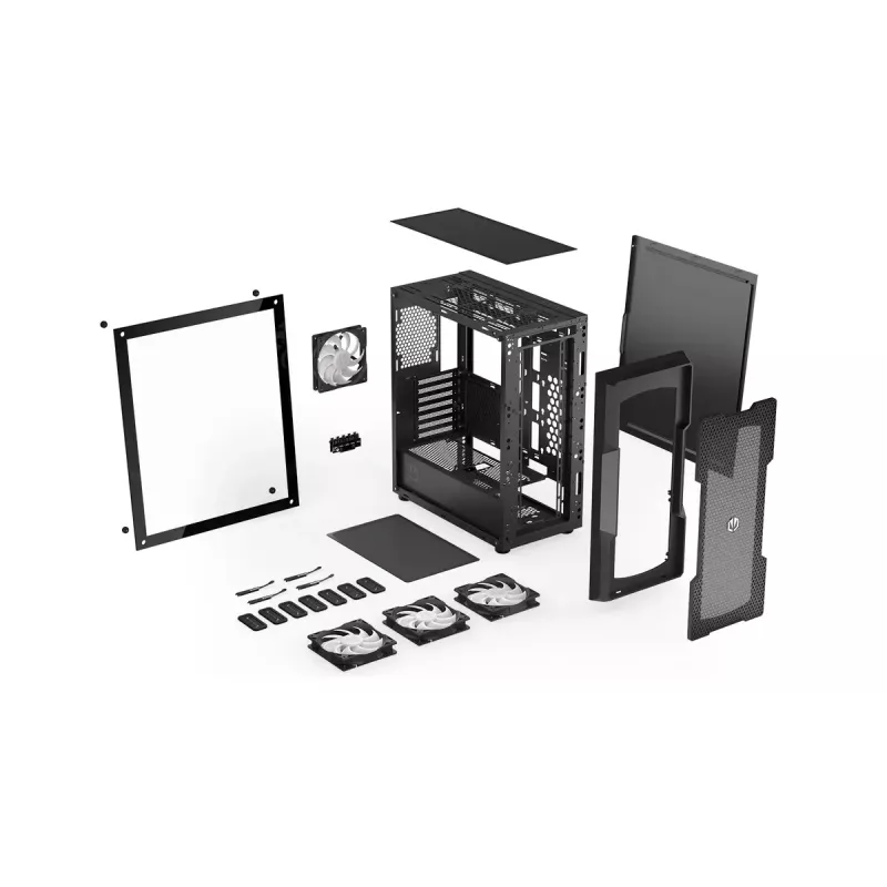 PC korpusas ENDORFY Regnum 400 ARGB Tower Black — ATX, grūdintas stiklas, ARGB, 3x120mm priekyje, 1x120mm gale, palaiko GPU 37 cm