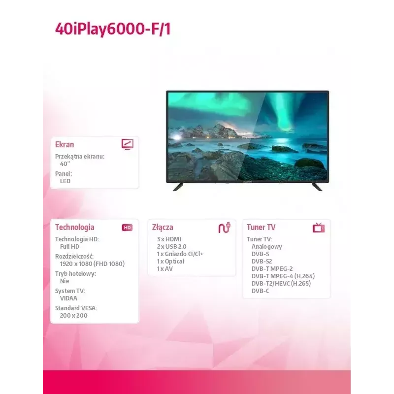 LED televizorius Allview 40iPlay6000-F/1 40 col. (101 cm) FHD, VIDAA, Wi‑Fi, HDMI, USB, juodas