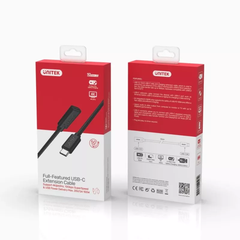 UNITEK USB-C laidas - USB 3.2 Gen 2 (3.1 Gen 2) - 0,5 m, juodas