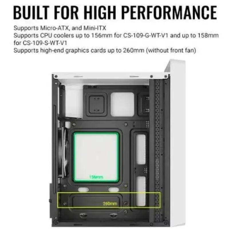 Kompiuterio korpusas AEROCOOL PGS CS-109-G-WT-v1 Mini Tower SPCC baltas — microATX, iki 26 cm GPU, FRGB, tinklinis priekis