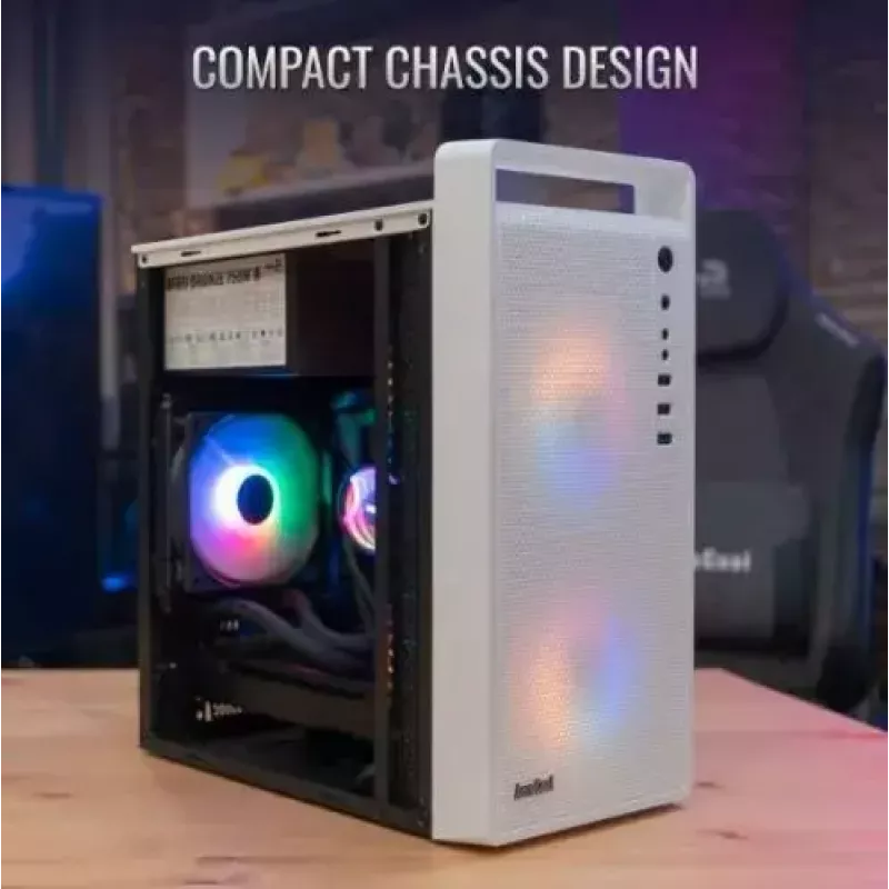 Kompiuterio korpusas AEROCOOL PGS CS-109-G-WT-v1 Mini Tower SPCC baltas — microATX, iki 26 cm GPU, FRGB, tinklinis priekis