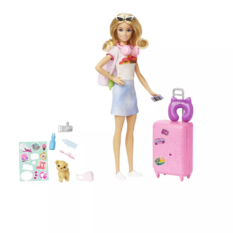 Barbie Dreamhouse Adventures lėlė ir aksesuarai, „Malibu“ kelionių rinkinys su šuniuku ir 10+ detalių, įskaitant veikiantį lagaminą