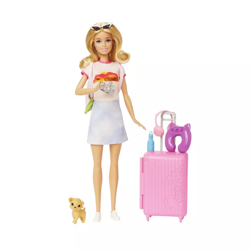 Barbie Dreamhouse Adventures lėlė ir aksesuarai, „Malibu“ kelionių rinkinys su šuniuku ir 10+ detalių, įskaitant veikiantį lagaminą