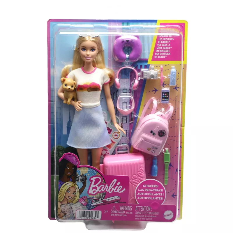 Barbie Dreamhouse Adventures lėlė ir aksesuarai, „Malibu“ kelionių rinkinys su šuniuku ir 10+ detalių, įskaitant veikiantį lagaminą