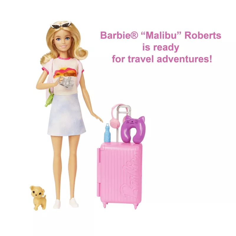 Barbie Dreamhouse Adventures lėlė ir aksesuarai, „Malibu“ kelionių rinkinys su šuniuku ir 10+ detalių, įskaitant veikiantį lagaminą