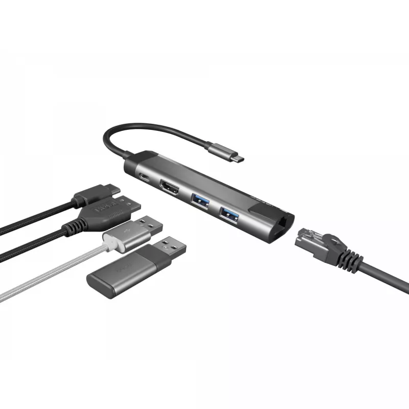 USB šakotuvas NATEC Fowler Go USB 3.2 Gen 1 Type-C nerūdijantis plienas, 100W PD, HDMI, Ethernet, kortelių skaitytuvas