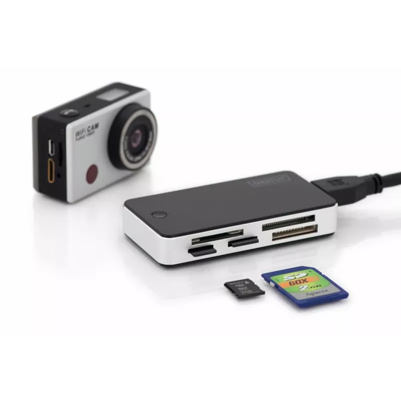 “DIGITUS” USB 3.0 kortelių skaitytuvas, palaikantis MS/SD/SDHC/MiniSD/M2/CF/MD/SDXC korteles, 1 m USB A jungties kabelis