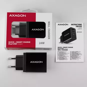 AXAGON ACU-QS24 QUICK and SMART sieninis įkroviklis, 2x USB prievadas QC3.0/AFC/FCP + 5V-1,2A, 24W