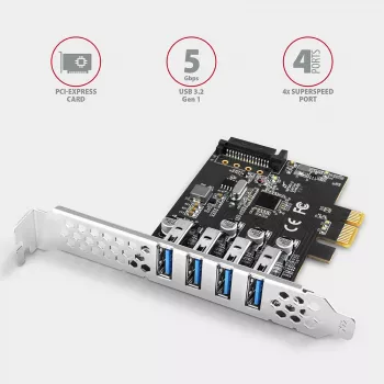 “Axagon PCEU-43RS” PCIe plokštė - 4x USB 5 Gbps prievadas, dvigubas maitinimas, “Renesas PD720201”, SP ir LP