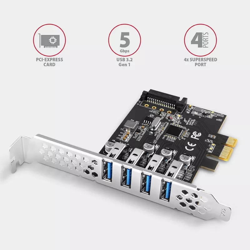 “Axagon PCEU-43RS” PCIe plokštė - 4x USB 5 Gbps prievadas, dvigubas maitinimas, “Renesas PD720201”, SP ir LP