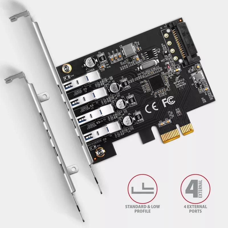 “Axagon PCEU-43RS” PCIe plokštė - 4x USB 5 Gbps prievadas, dvigubas maitinimas, “Renesas PD720201”, SP ir LP