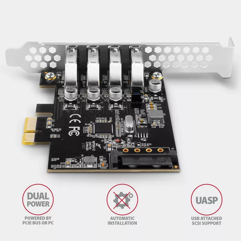 “Axagon PCEU-43RS” PCIe plokštė - 4x USB 5 Gbps prievadas, dvigubas maitinimas, “Renesas PD720201”, SP ir LP