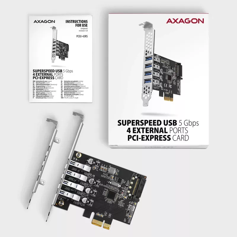 “Axagon PCEU-43RS” PCIe plokštė - 4x USB 5 Gbps prievadas, dvigubas maitinimas, “Renesas PD720201”, SP ir LP