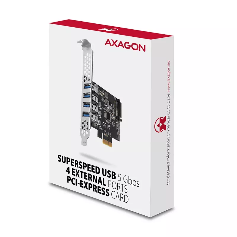 “Axagon PCEU-43RS” PCIe plokštė - 4x USB 5 Gbps prievadas, dvigubas maitinimas, “Renesas PD720201”, SP ir LP
