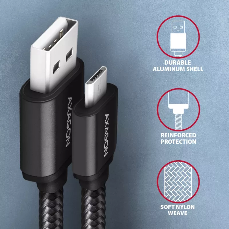Axagon BUMM-AM10AB HQ laidas Micro USB <-> USB-A, 1m, USB 2.0, 2.4A, ALU, pynė, juoda