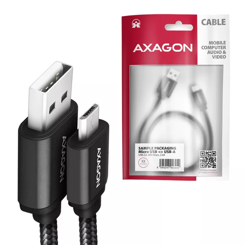 Axagon BUMM-AM10AB HQ laidas Micro USB <-> USB-A, 1m, USB 2.0, 2.4A, ALU, pynė, juoda
