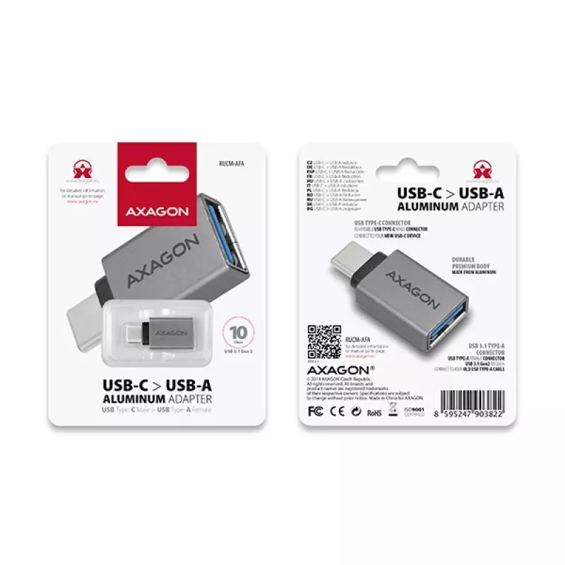 Axagon RUCM-AFA adapter USB-C (V) -> USB-A (M), USB 3.2 Gen 2, 3A, ALU